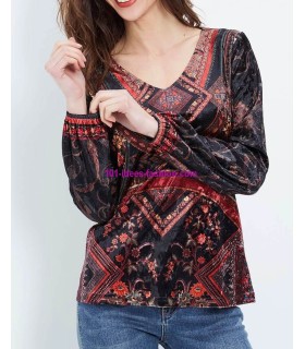 buy T-shirt top velvet winter floral ethnic 101 idées 2063Z clothes